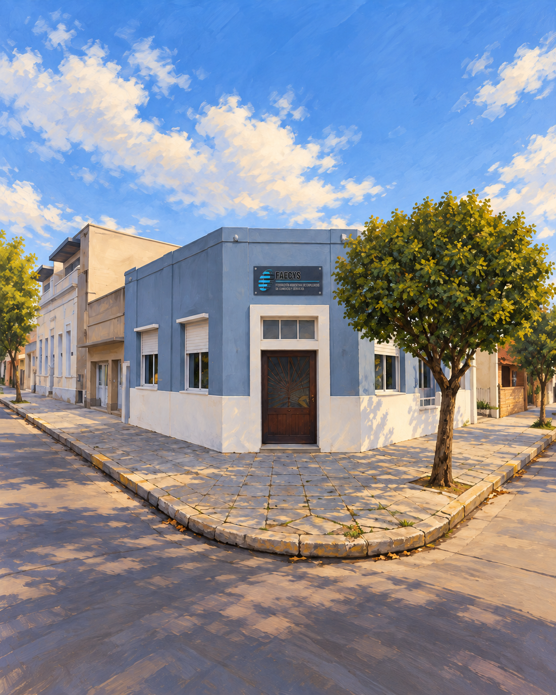 Ilustración de la sede del Sindicato de Empleados de Comercio de Lobería, con fachada azul y blanca, entrada en la esquina y cartel de FAECYS sobre la puerta