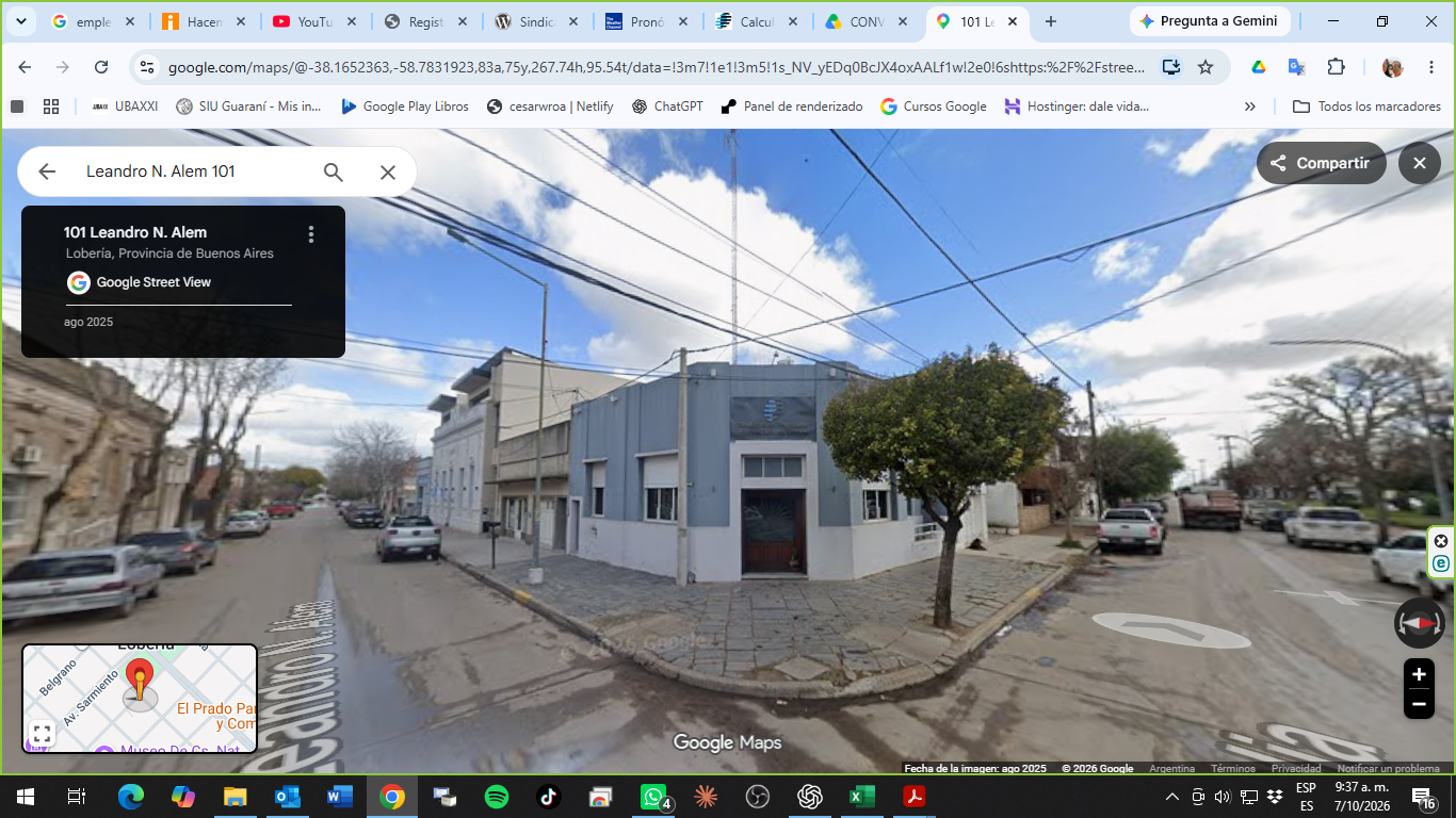Sede del Sindicato de Empleados de Comercio de Lobería: edificio azul en la esquina de Alem 101